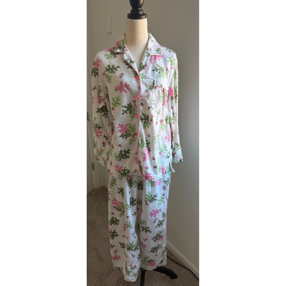 Victoria's Secret White Green Pink Oak Leaf Flannel Cozy Pajama Set M
